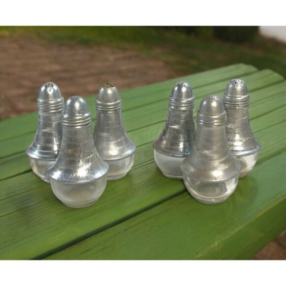 Vintage Atomic Hammered Glass Bottom Mid Century Salt & Pepper Shakers Set Of 6 - Picture 1 of 6